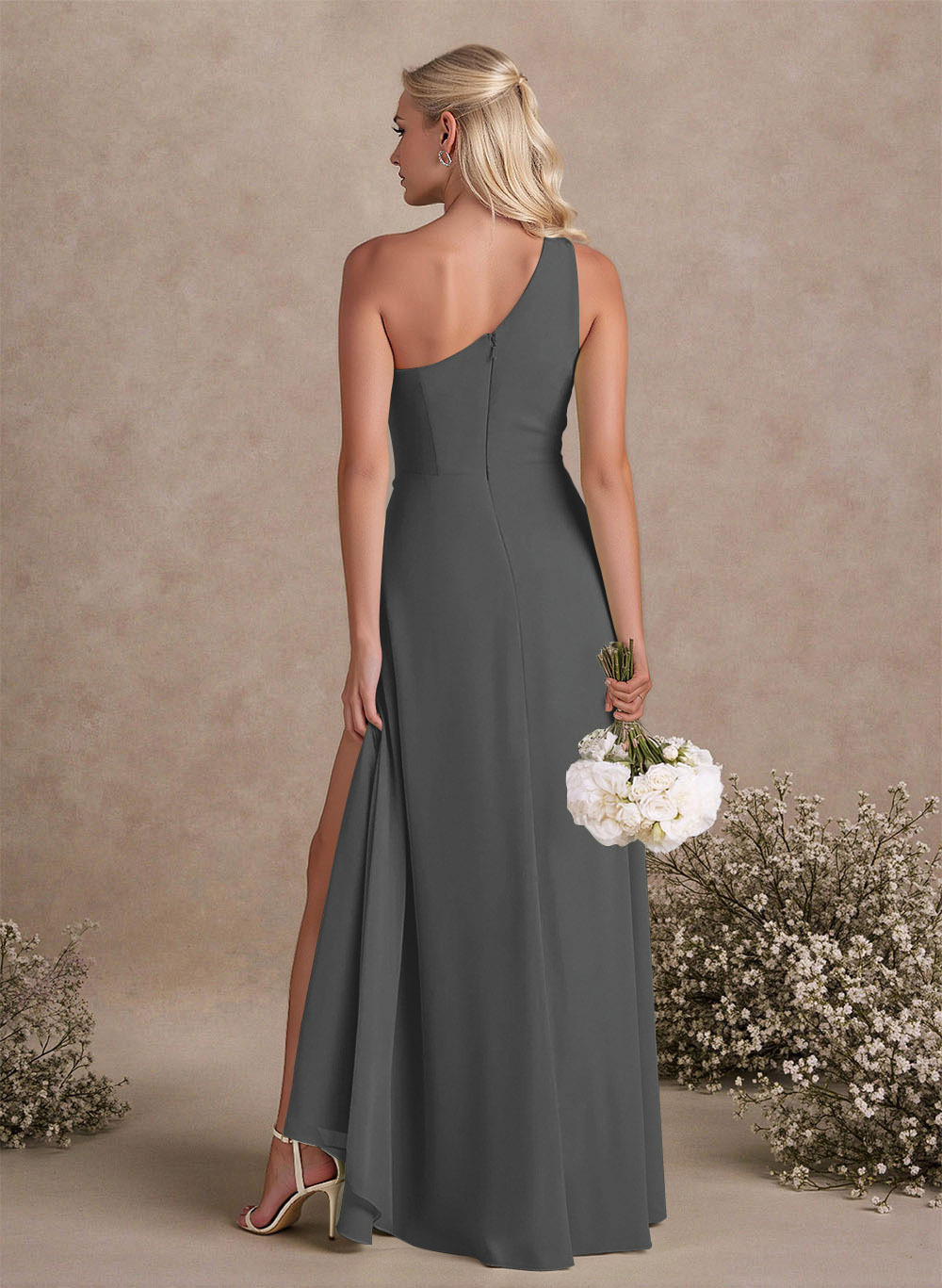 Modest One-Shoulder Sleeveless Chiffon Bridesmaid Dresses With Twisted Knot, product image 24
