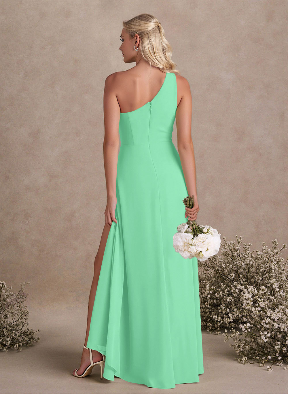 Modest One-Shoulder Sleeveless Chiffon Bridesmaid Dresses With Twisted Knot, product image 48