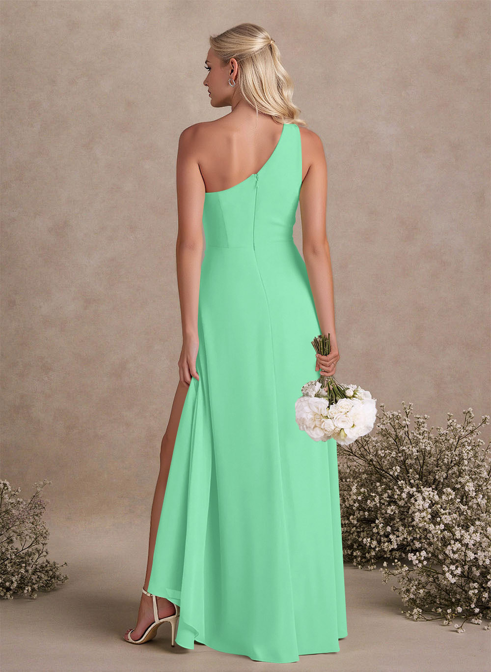 Modest One-Shoulder Sleeveless Chiffon Bridesmaid Dresses With Twisted Knot, product image 48