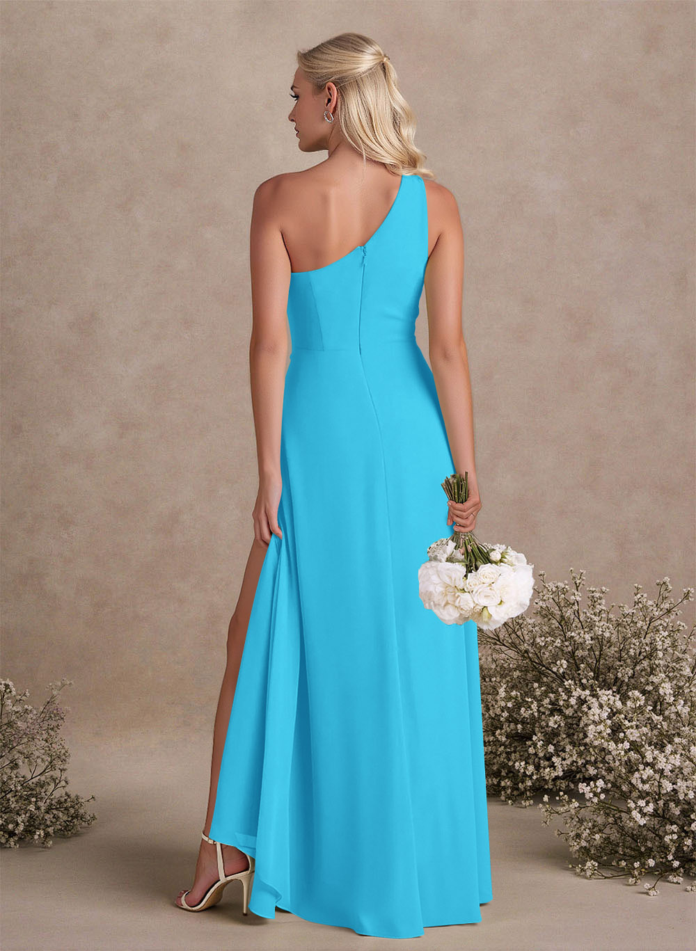 Modest One-Shoulder Sleeveless Chiffon Bridesmaid Dresses With Twisted Knot, product image 123