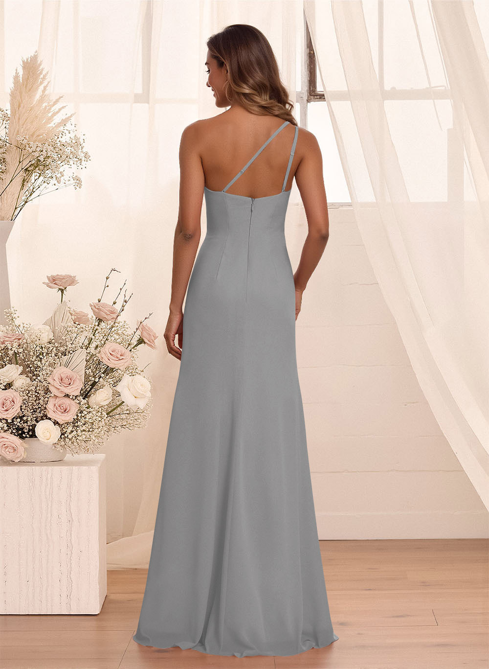 Flattering A-Line One-Shoulder Chiffon Bridesmaid With Split Front, product image 27