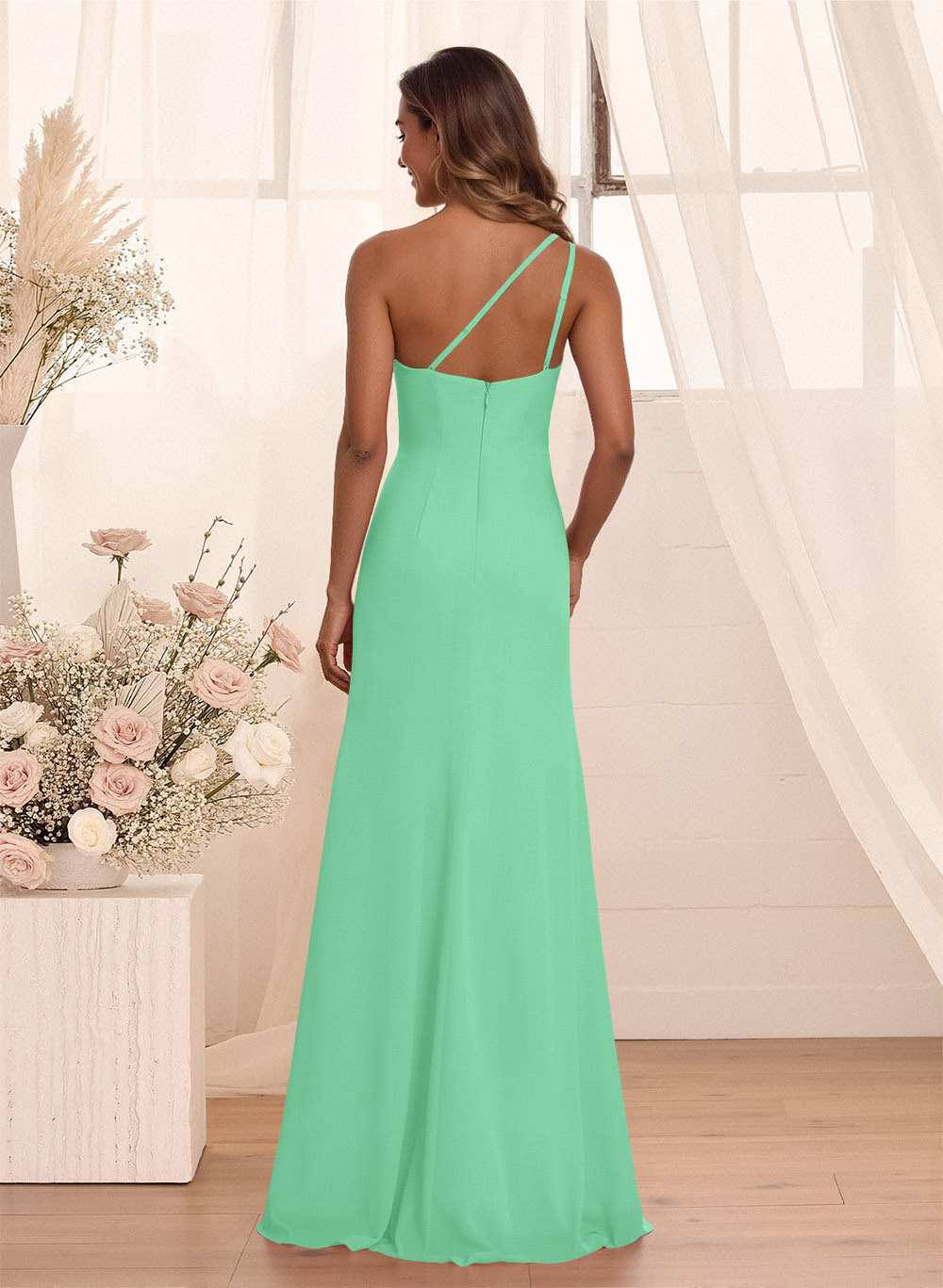 Flattering A-Line One-Shoulder Chiffon Bridesmaid With Split Front, product image 54