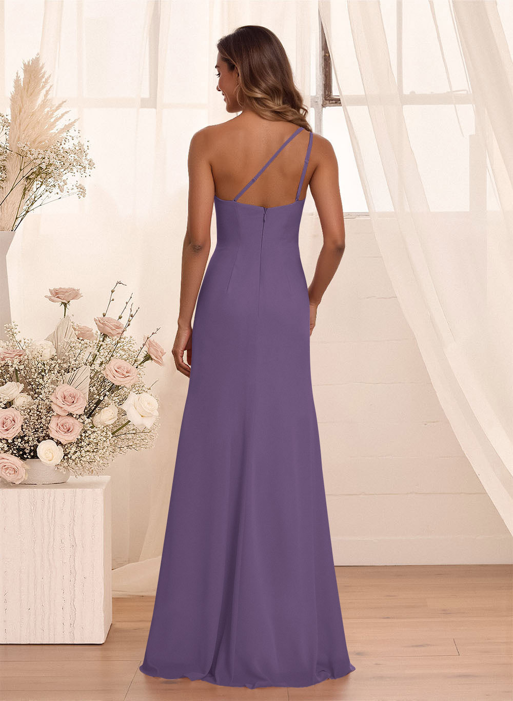 Flattering A-Line One-Shoulder Chiffon Bridesmaid With Split Front, product image 80