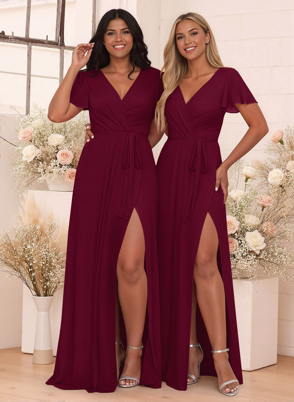 Elegant V-Neck Flutter Sleeve Floor-Length Chiffon Bridesmaid With Split Front, product image 109