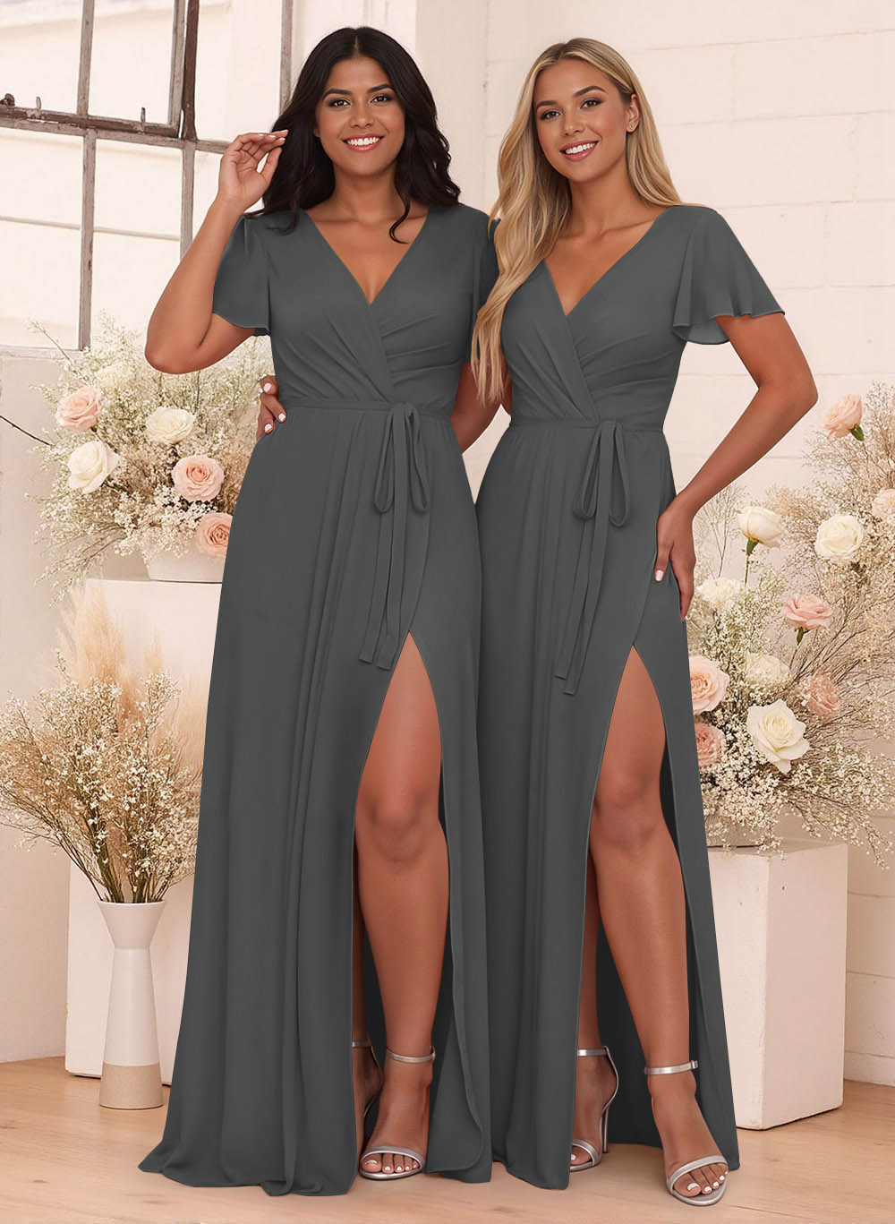 Elegant V-Neck Flutter Sleeve Floor-Length Chiffon Bridesmaid With Split Front, product image 23