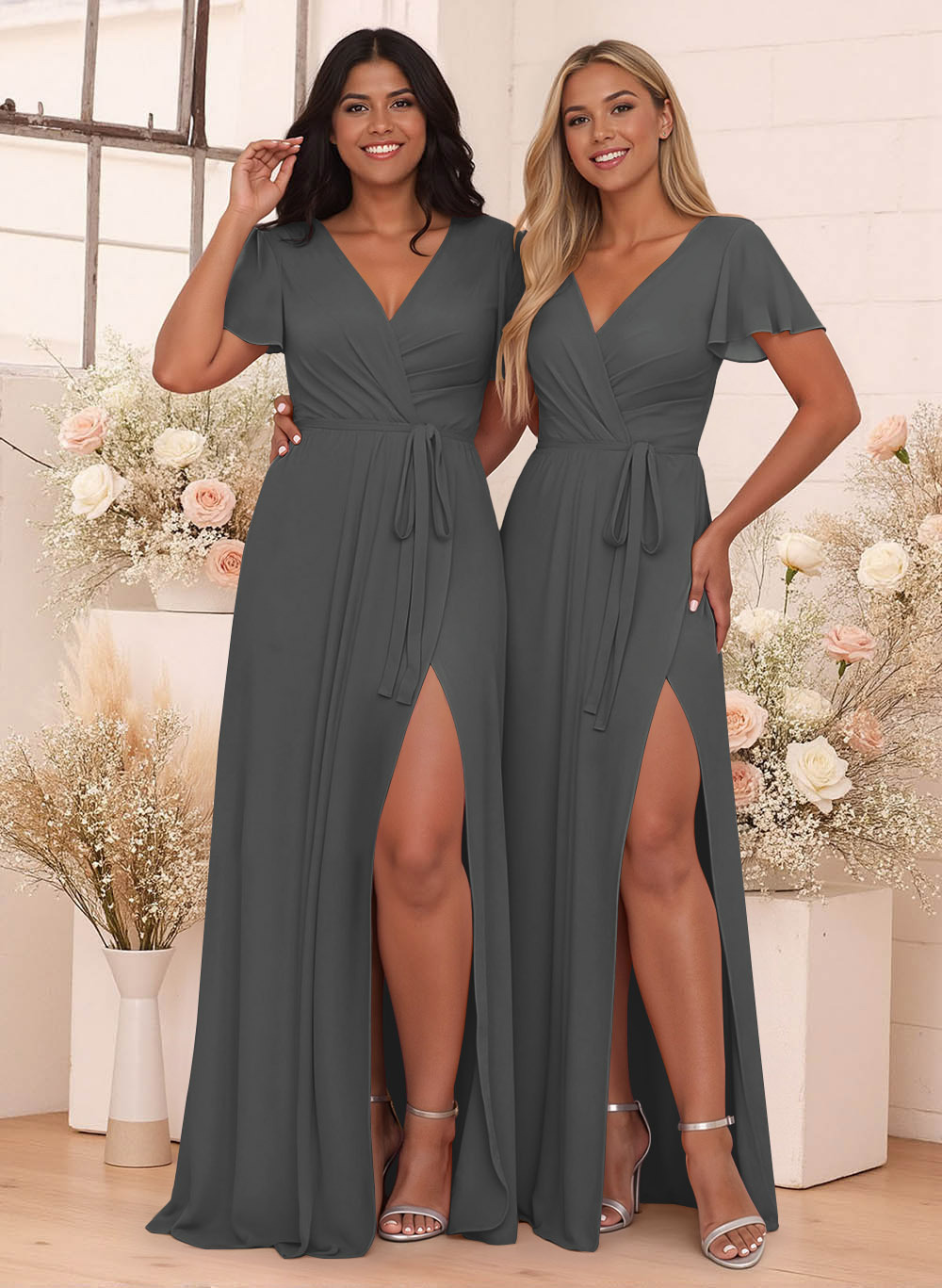 Elegant V-Neck Flutter Sleeve Floor-Length Chiffon Bridesmaid With Split Front, product image 23