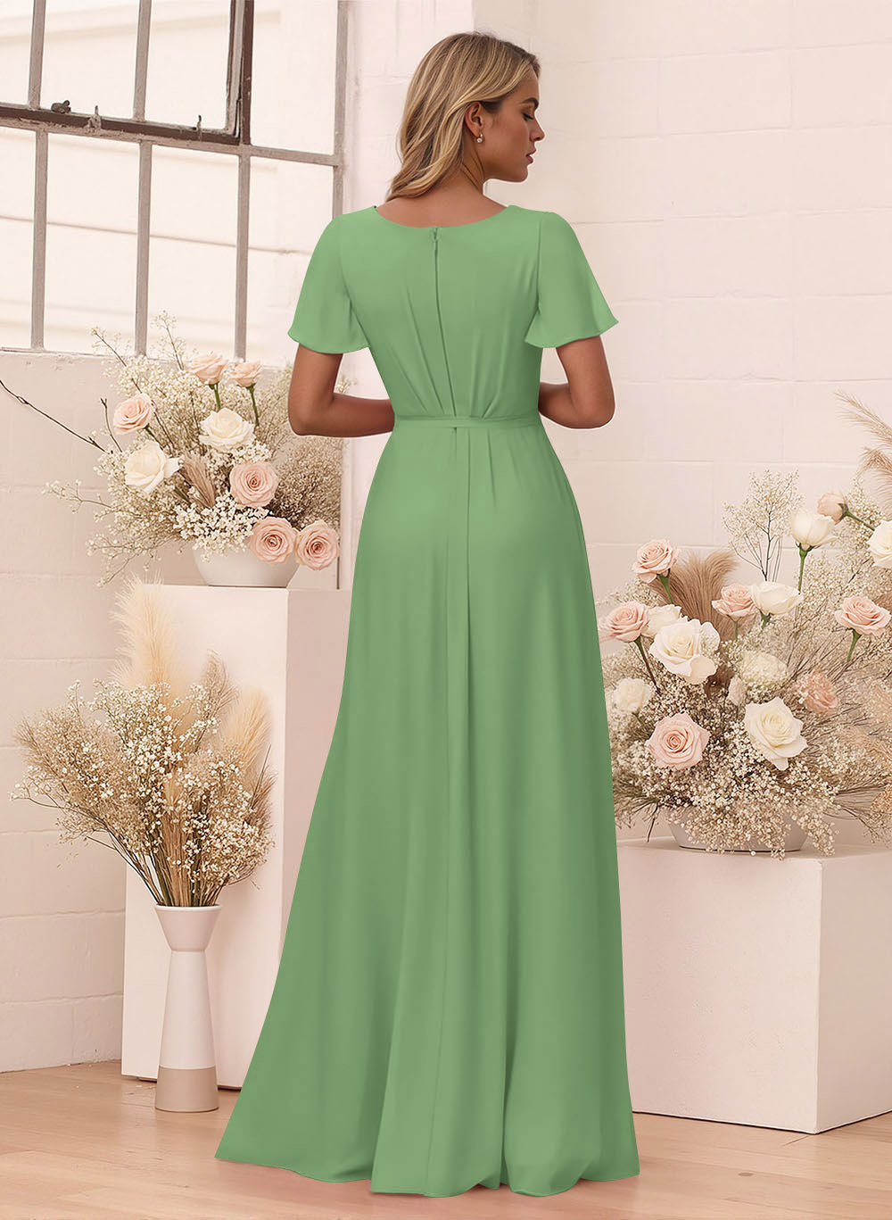 Elegant V-Neck Flutter Sleeve Floor-Length Chiffon Bridesmaid With Split Front, product image 8