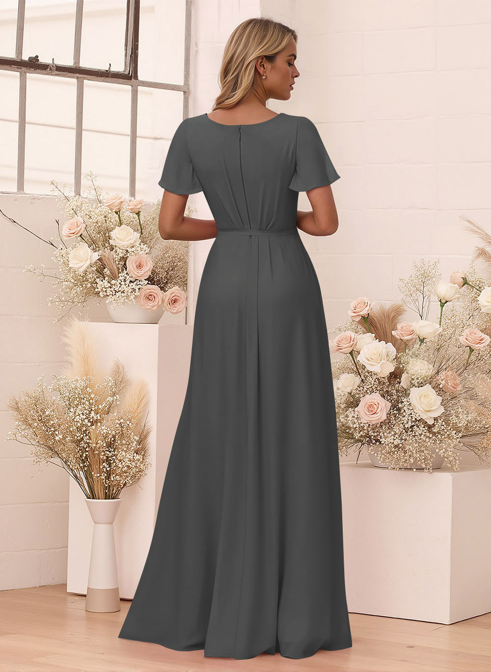 Elegant V-Neck Flutter Sleeve Floor-Length Chiffon Bridesmaid With Split Front, product image 24