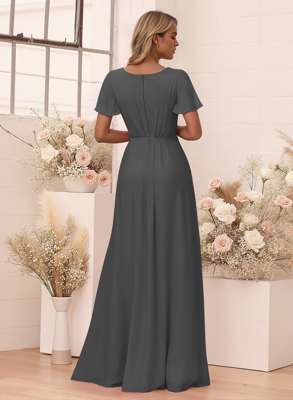 Elegant V-Neck Flutter Sleeve Floor-Length Chiffon Bridesmaid With Split Front, product image 24