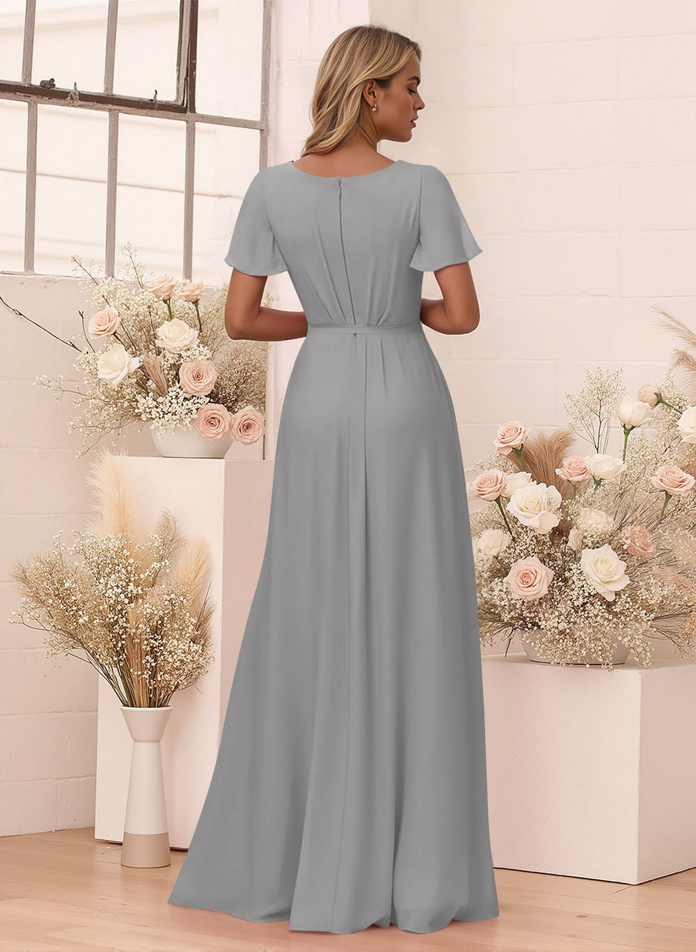 Elegant V-Neck Flutter Sleeve Floor-Length Chiffon Bridesmaid With Split Front, product image 26