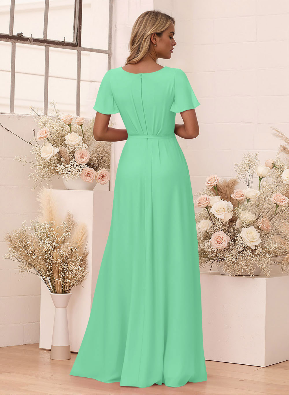 Elegant V-Neck Flutter Sleeve Floor-Length Chiffon Bridesmaid With Split Front, product image 48