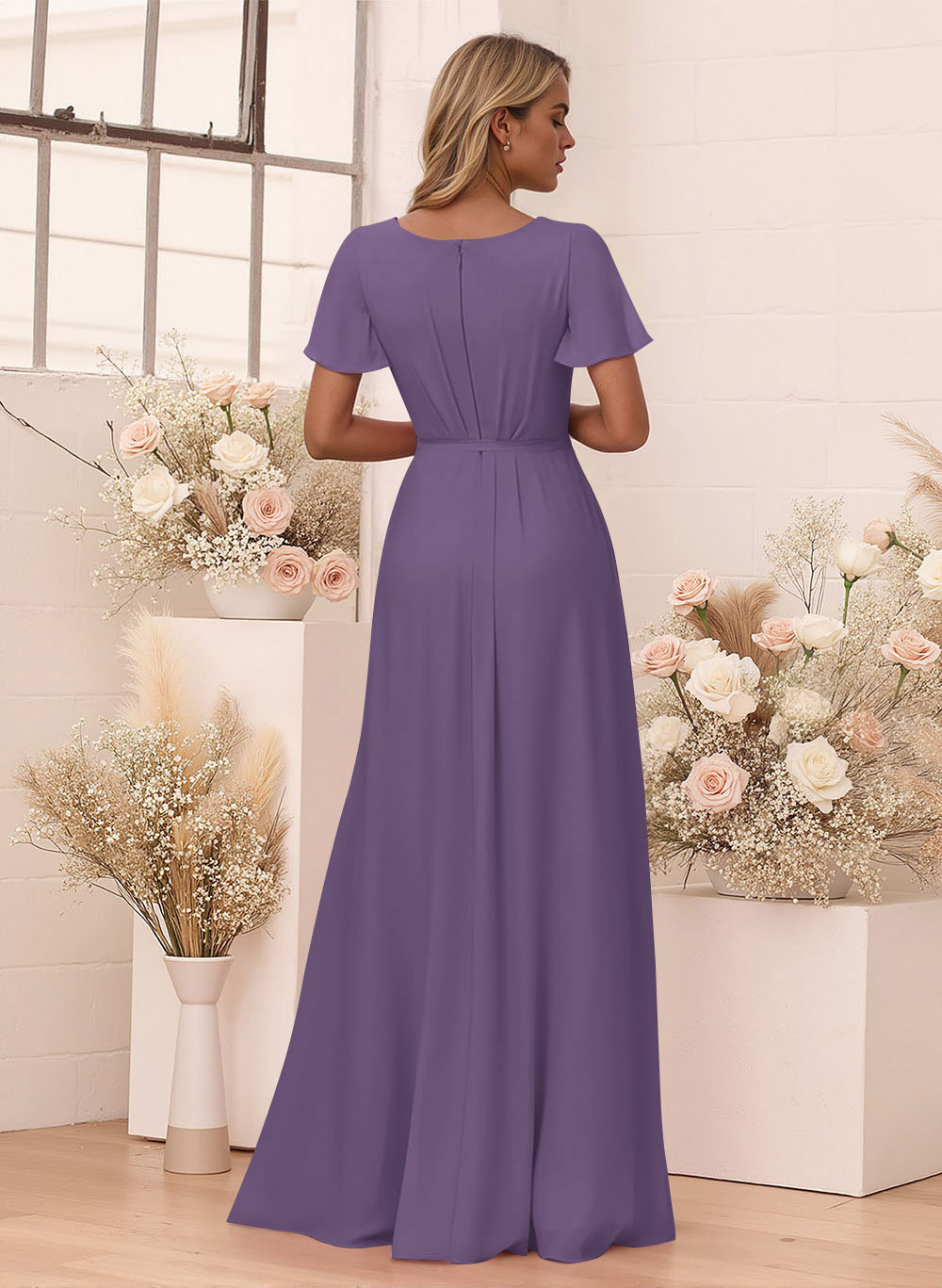 Elegant V-Neck Flutter Sleeve Floor-Length Chiffon Bridesmaid With Split Front, product image 74