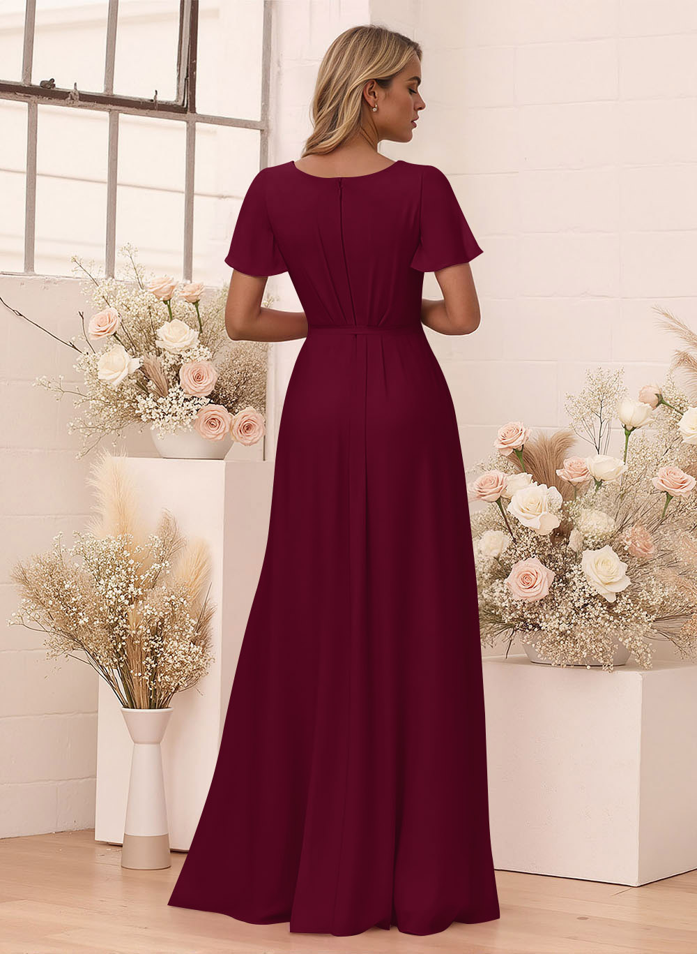 Elegant V-Neck Flutter Sleeve Floor-Length Chiffon Bridesmaid With Split Front, product image 110