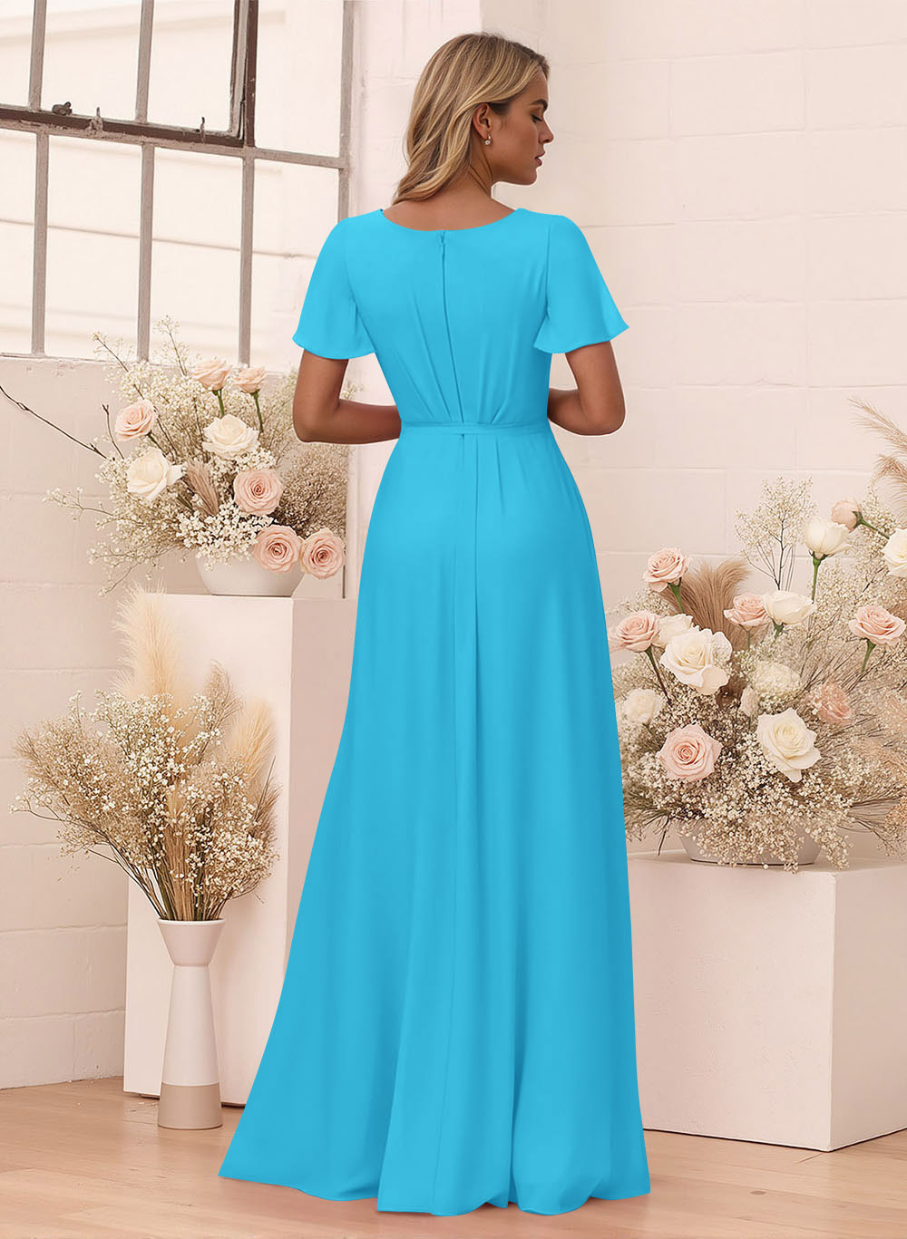 Elegant V-Neck Flutter Sleeve Floor-Length Chiffon Bridesmaid With Split Front, product image 120