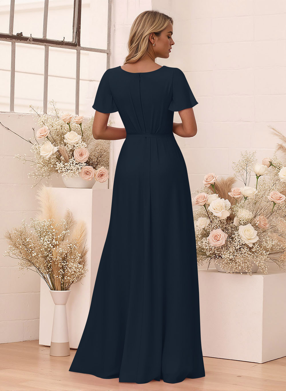 Elegant V-Neck Flutter Sleeve Floor-Length Chiffon Bridesmaid With Split Front, product image 136