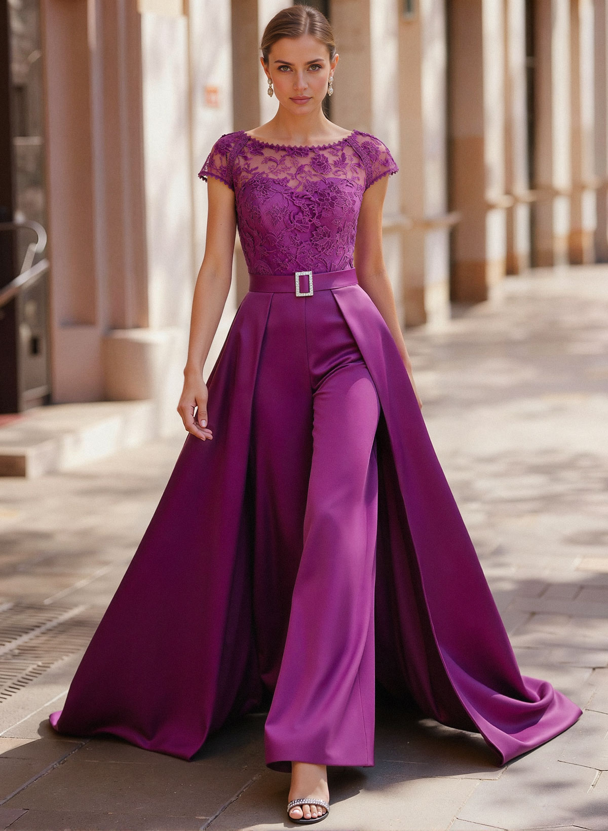 Jumpsuit/Pantsuit Scoop Neck Short Sleeves Detachable Lace/Satin Mother Of The Bride Dresses