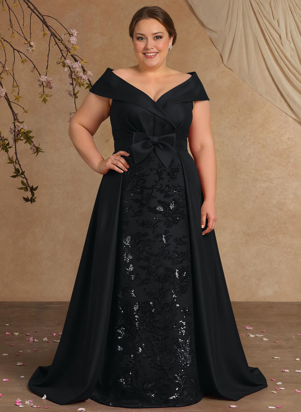 Elegant Off-The-Shoulder Overskirt Sweep Train Satin Mother Of The Bride Dresses With Lace