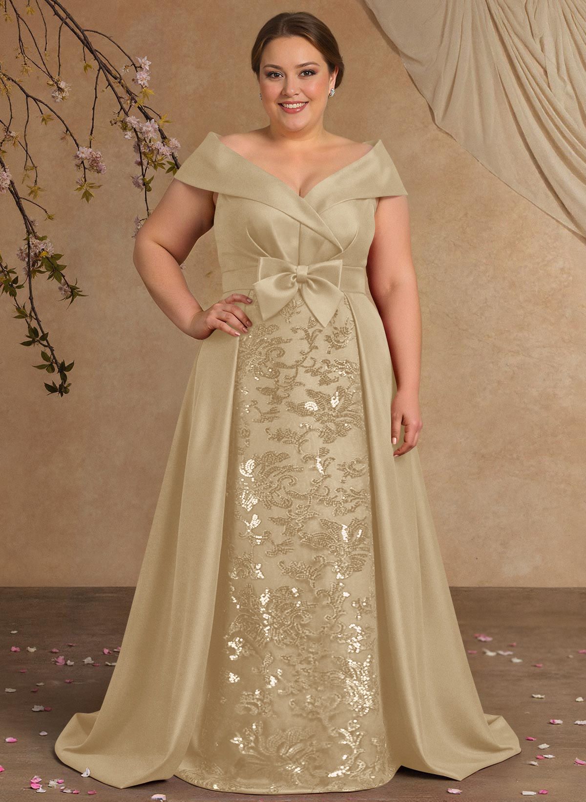 Elegant Off-The-Shoulder Overskirt Sweep Train Satin Mother Of The Bride Dresses With Lace