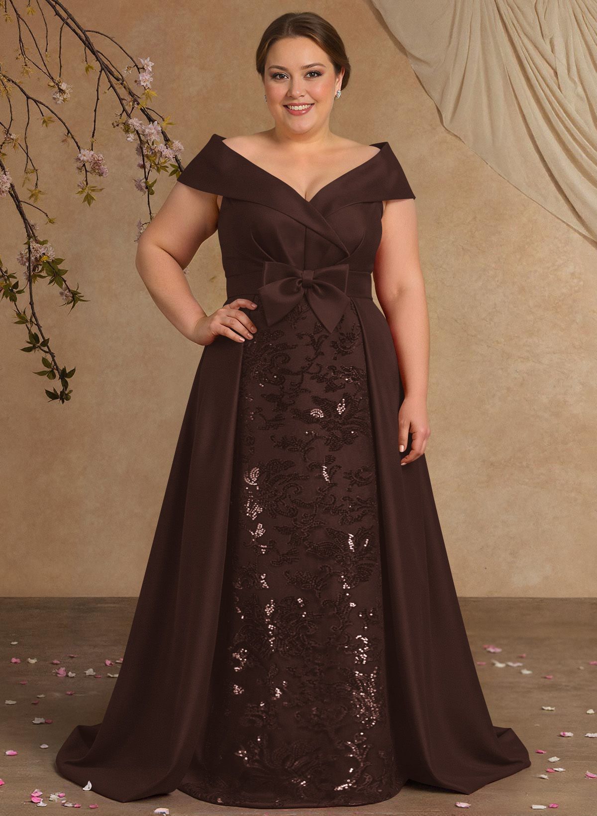 Elegant Off-The-Shoulder Overskirt Sweep Train Satin Mother Of The Bride Dresses With Lace