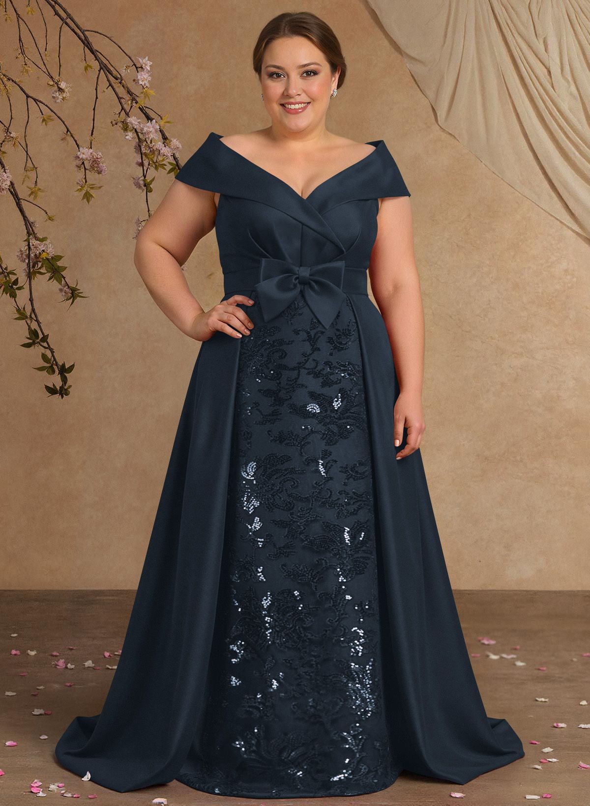 Elegant Off-The-Shoulder Overskirt Sweep Train Satin Mother Of The Bride Dresses With Lace