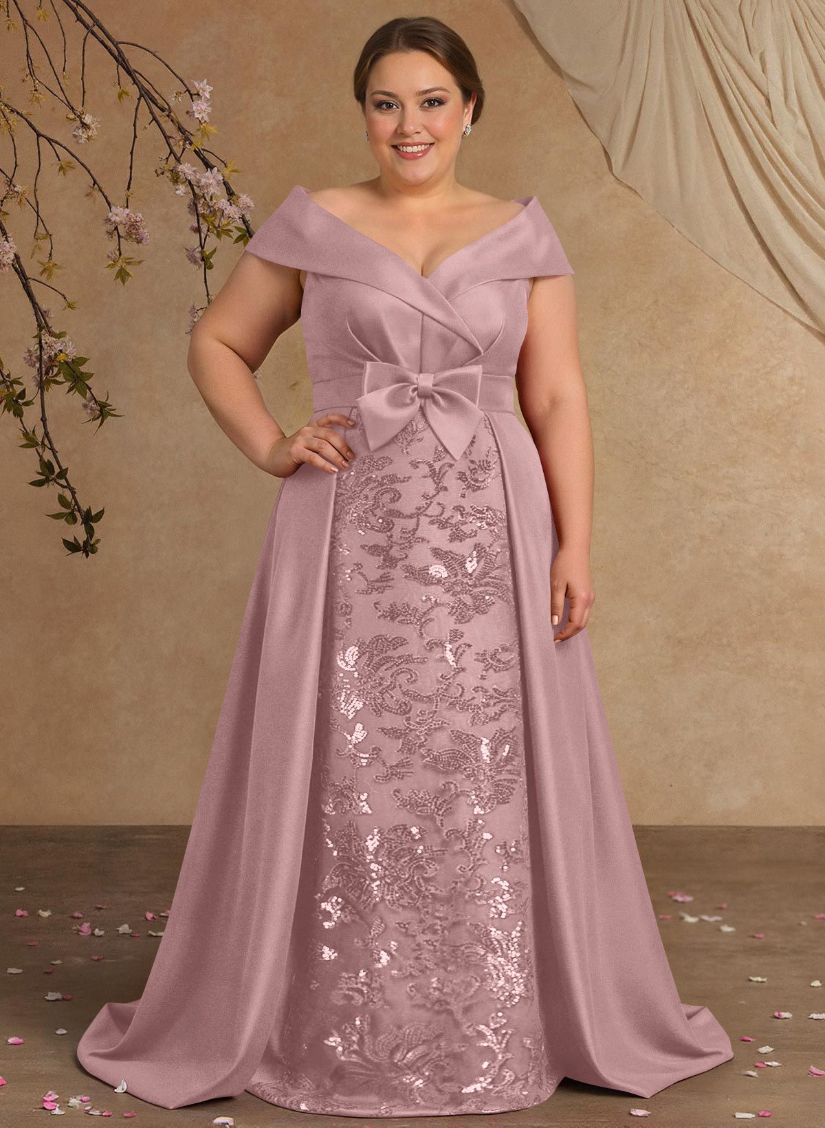 Elegant Off-The-Shoulder Overskirt Sweep Train Satin Mother Of The Bride Dresses With Lace