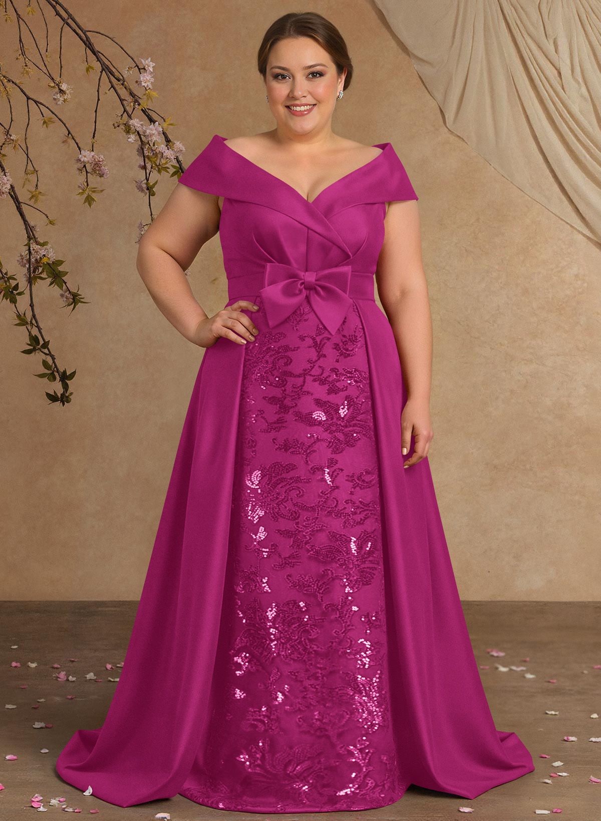 Elegant Off-The-Shoulder Overskirt Sweep Train Satin Mother Of The Bride Dresses With Lace