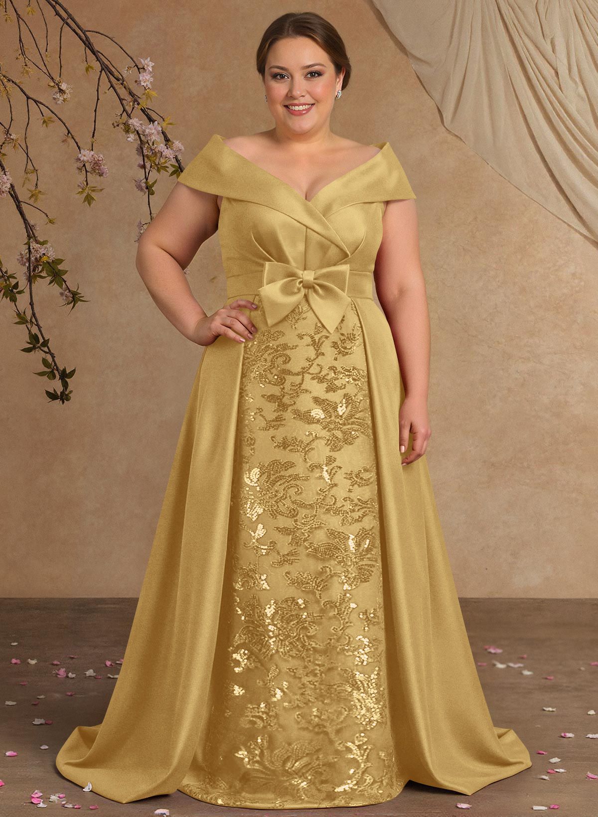 Elegant Off-The-Shoulder Overskirt Sweep Train Satin Mother Of The Bride Dresses With Lace