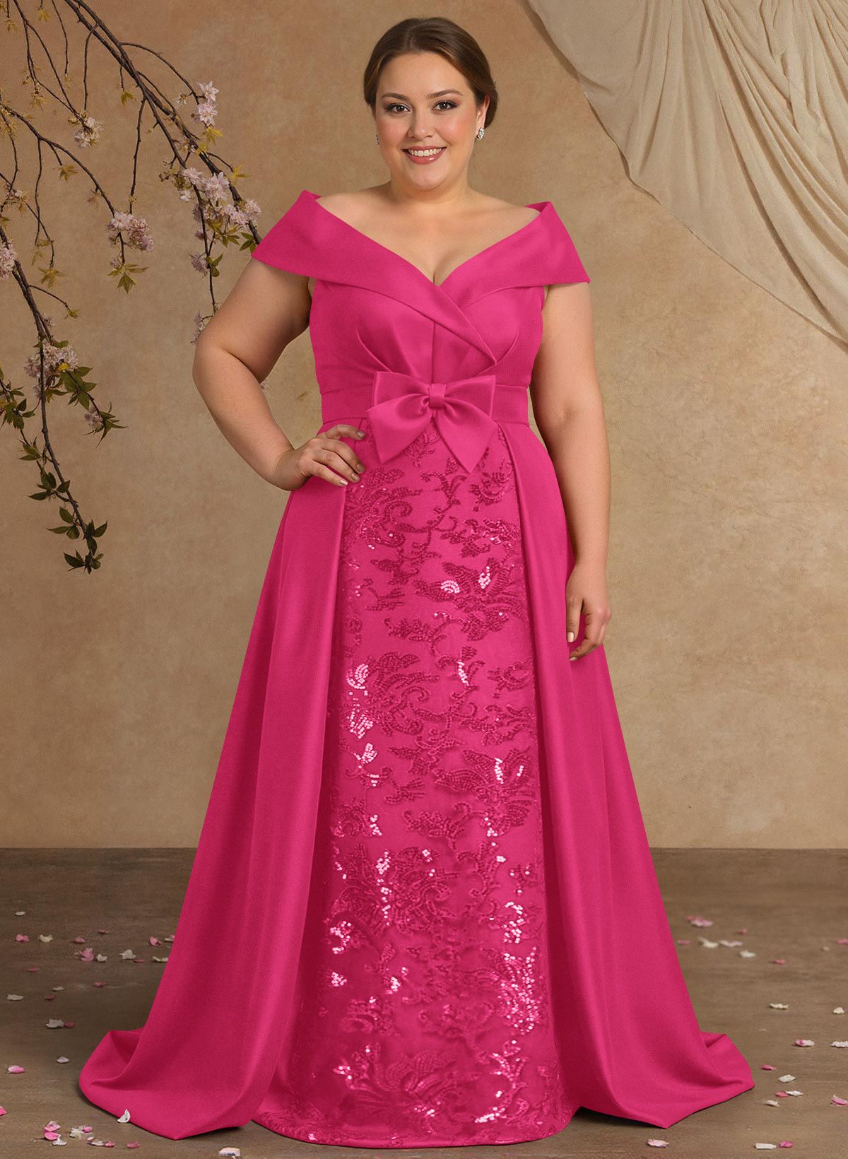 Elegant Off-The-Shoulder Overskirt Sweep Train Satin Mother Of The Bride Dresses With Lace