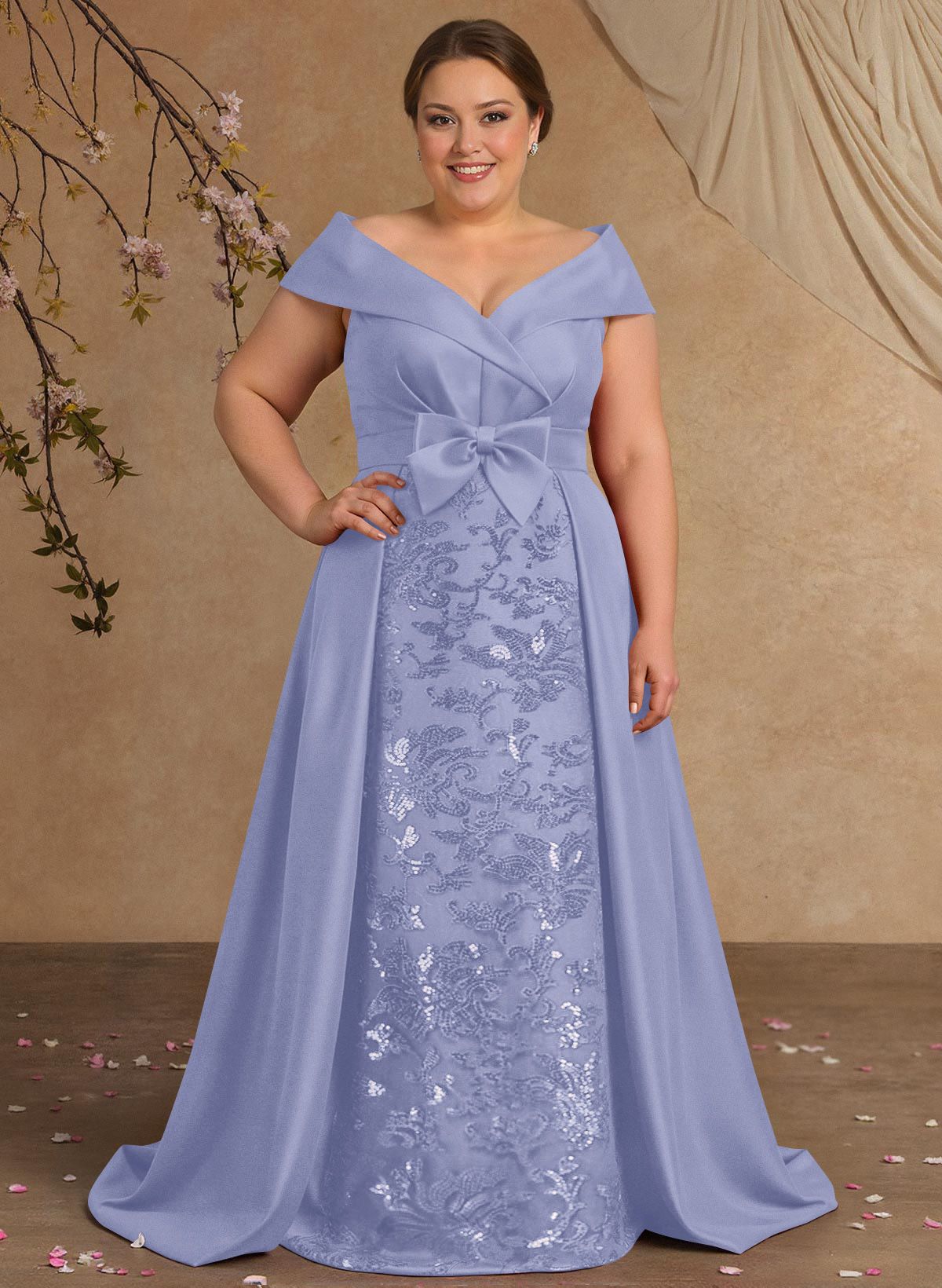 Elegant Off-The-Shoulder Overskirt Sweep Train Satin Mother Of The Bride Dresses With Lace
