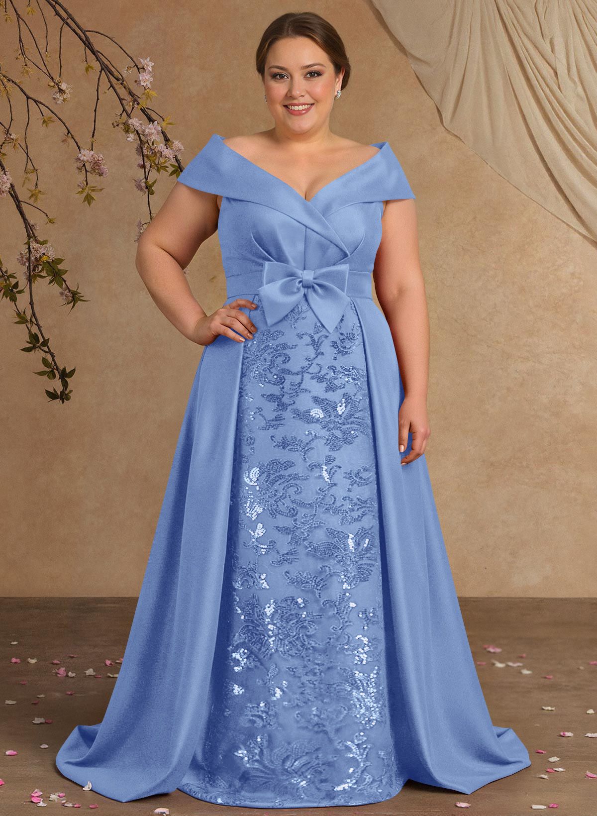 Elegant Off-The-Shoulder Overskirt Sweep Train Satin Mother Of The Bride Dresses With Lace