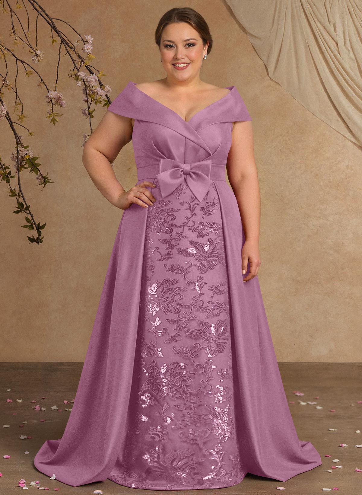 Elegant Off-The-Shoulder Overskirt Sweep Train Satin Mother Of The Bride Dresses With Lace