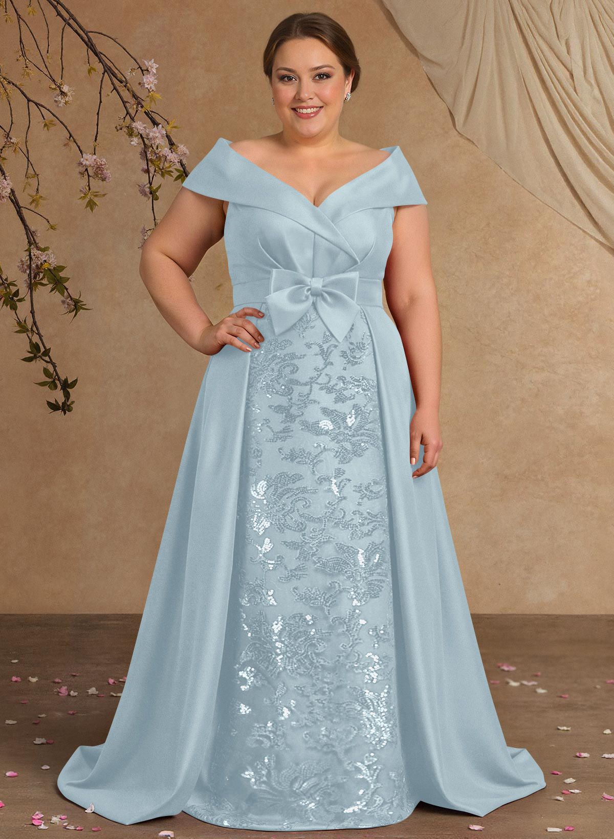 Elegant Off-The-Shoulder Overskirt Sweep Train Satin Mother Of The Bride Dresses With Lace