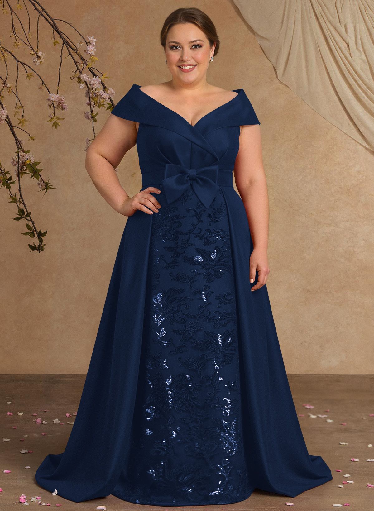 Elegant Off-The-Shoulder Overskirt Sweep Train Satin Mother Of The Bride Dresses With Lace