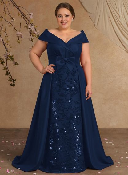 Elegant Off-The-Shoulder Overskirt Sweep Train Satin Mother Of The Bride Dresses With Lace