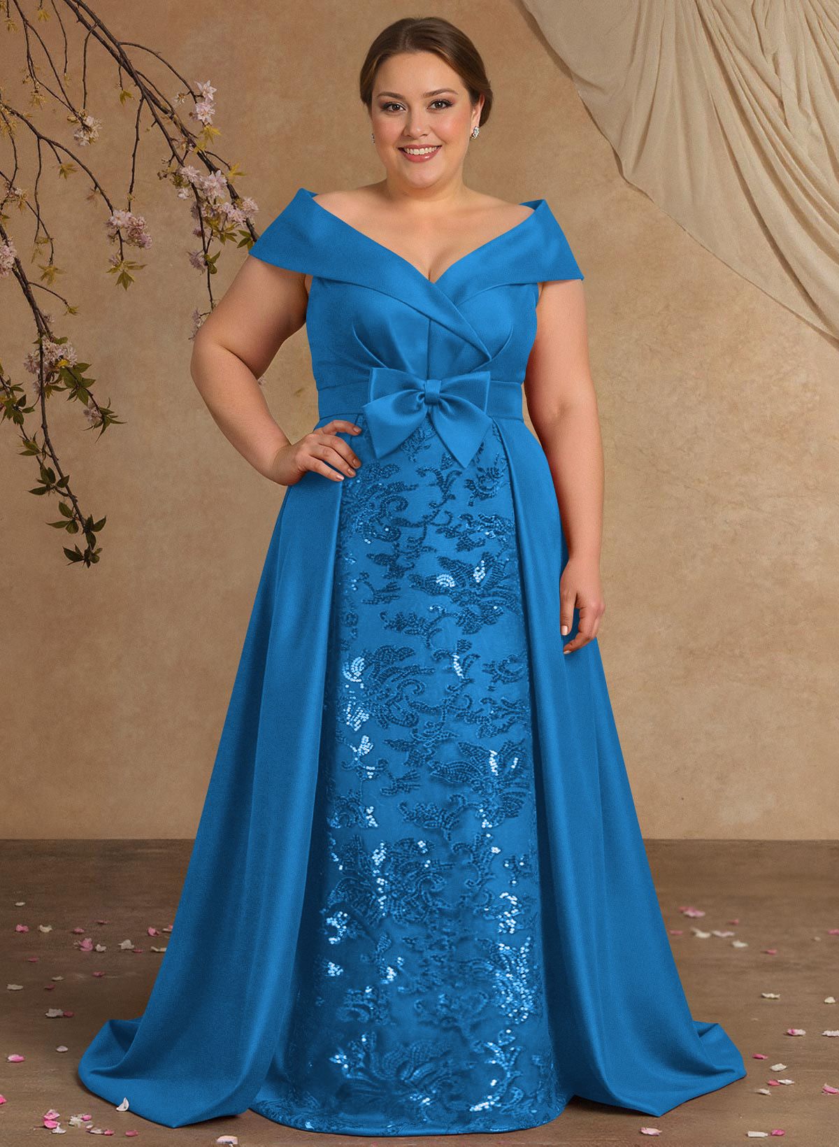 Elegant Off-The-Shoulder Overskirt Sweep Train Satin Mother Of The Bride Dresses With Lace