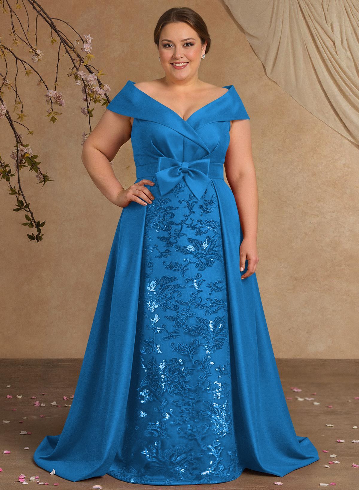 Elegant Off-The-Shoulder Overskirt Sweep Train Satin Mother Of The Bride Dresses With Lace