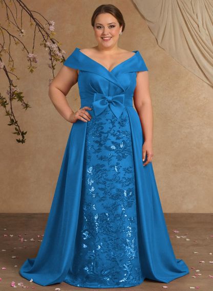 Elegant Off-The-Shoulder Overskirt Sweep Train Satin Mother Of The Bride Dresses With Lace