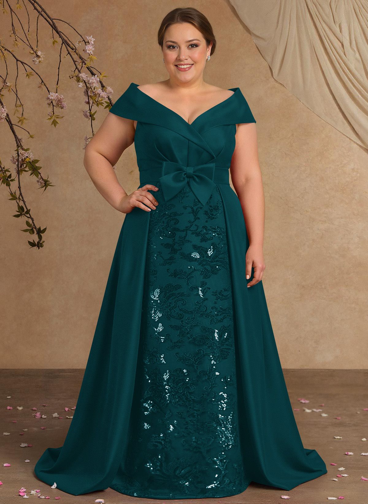 Elegant Off-The-Shoulder Overskirt Sweep Train Satin Mother Of The Bride Dresses With Lace