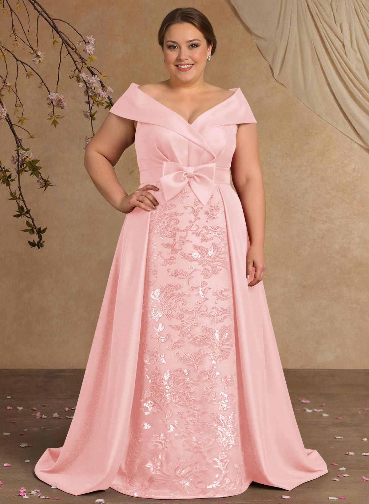 Elegant Off-The-Shoulder Overskirt Sweep Train Satin Mother Of The Bride Dresses With Lace