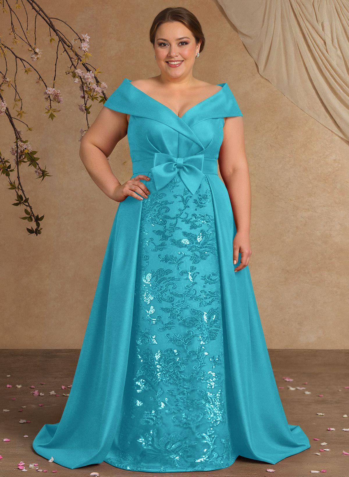 Elegant Off-The-Shoulder Overskirt Sweep Train Satin Mother Of The Bride Dresses With Lace