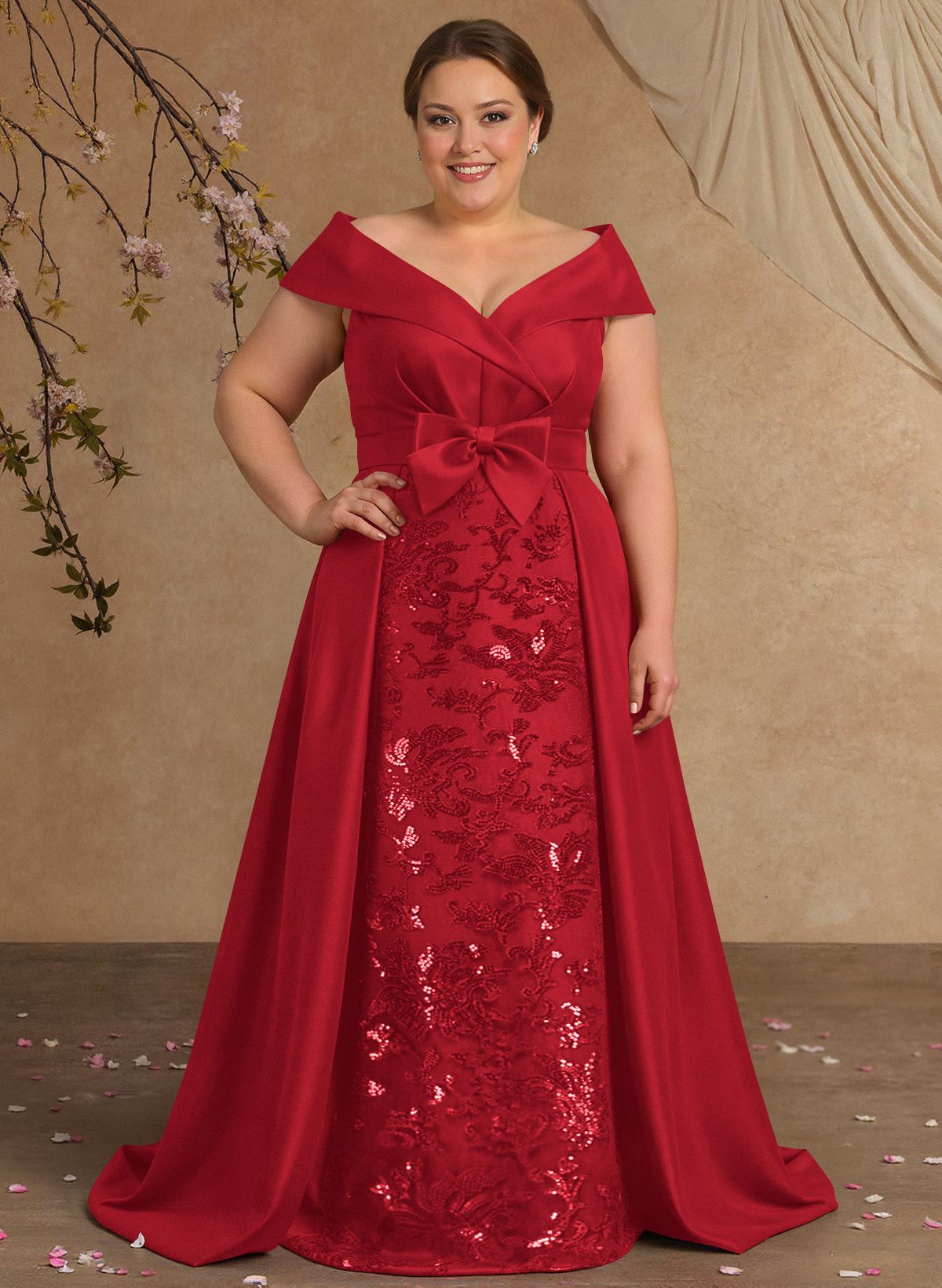 Elegant Off-The-Shoulder Overskirt Sweep Train Satin Mother Of The Bride Dresses With Lace