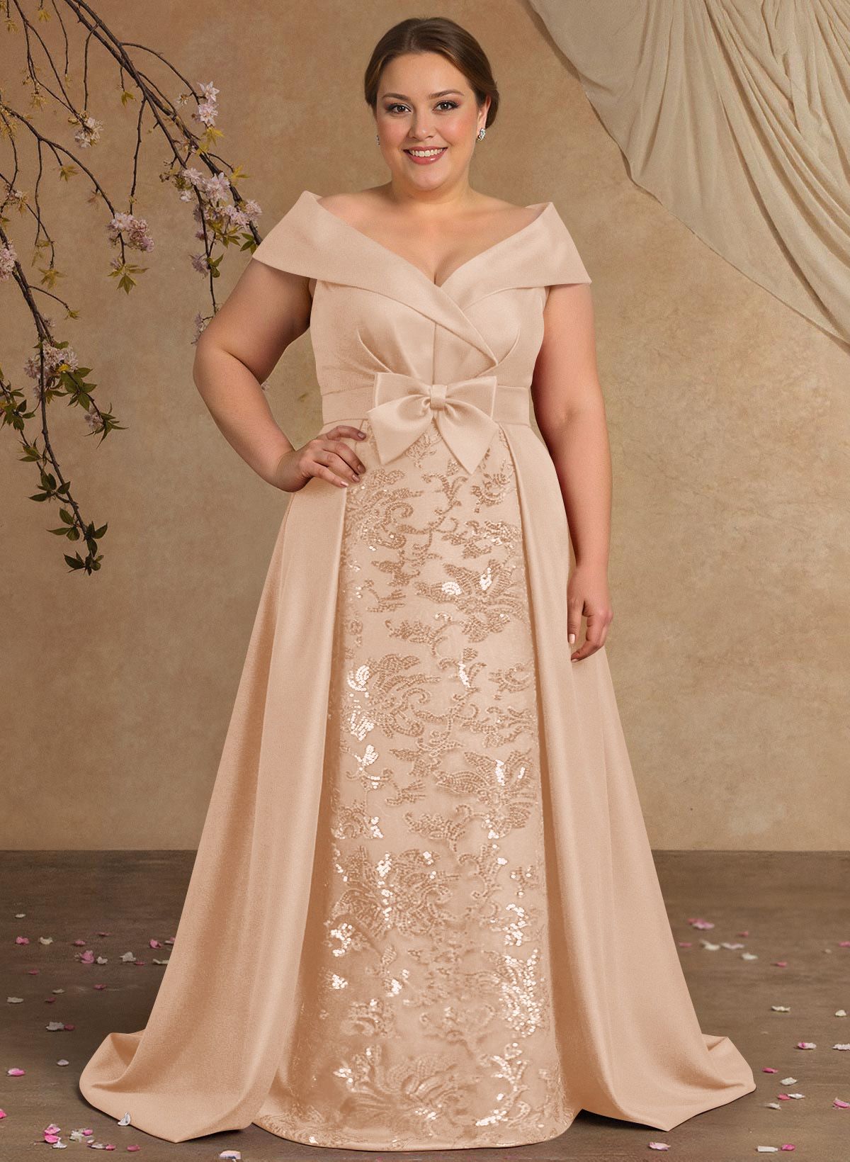 Elegant Off-The-Shoulder Overskirt Sweep Train Satin Mother Of The Bride Dresses With Lace