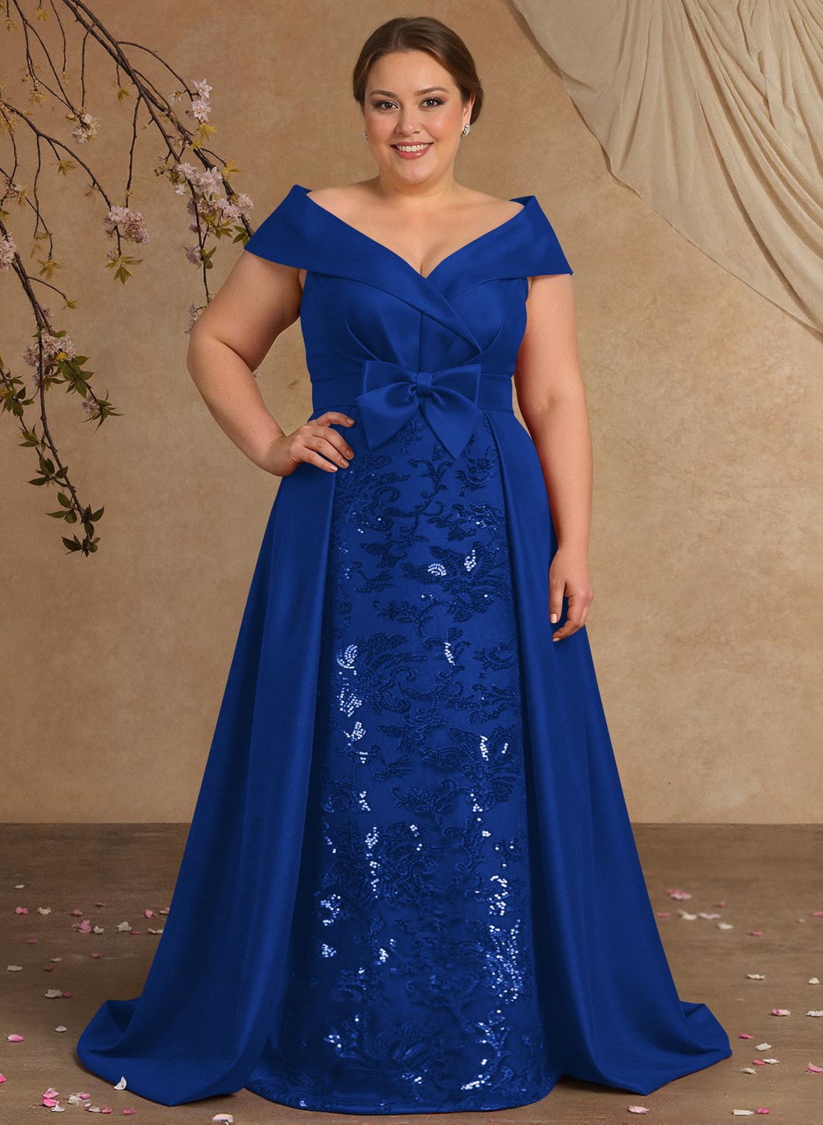 Elegant Off-The-Shoulder Overskirt Sweep Train Satin Mother Of The Bride Dresses With Lace