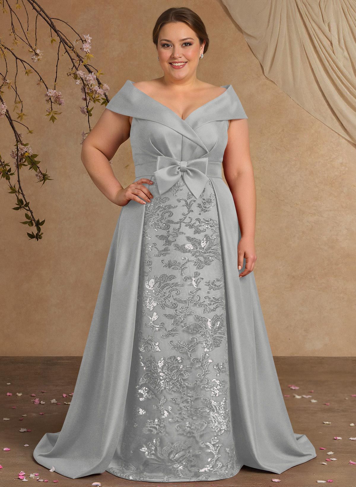 Elegant Off-The-Shoulder Overskirt Sweep Train Satin Mother Of The Bride Dresses With Lace