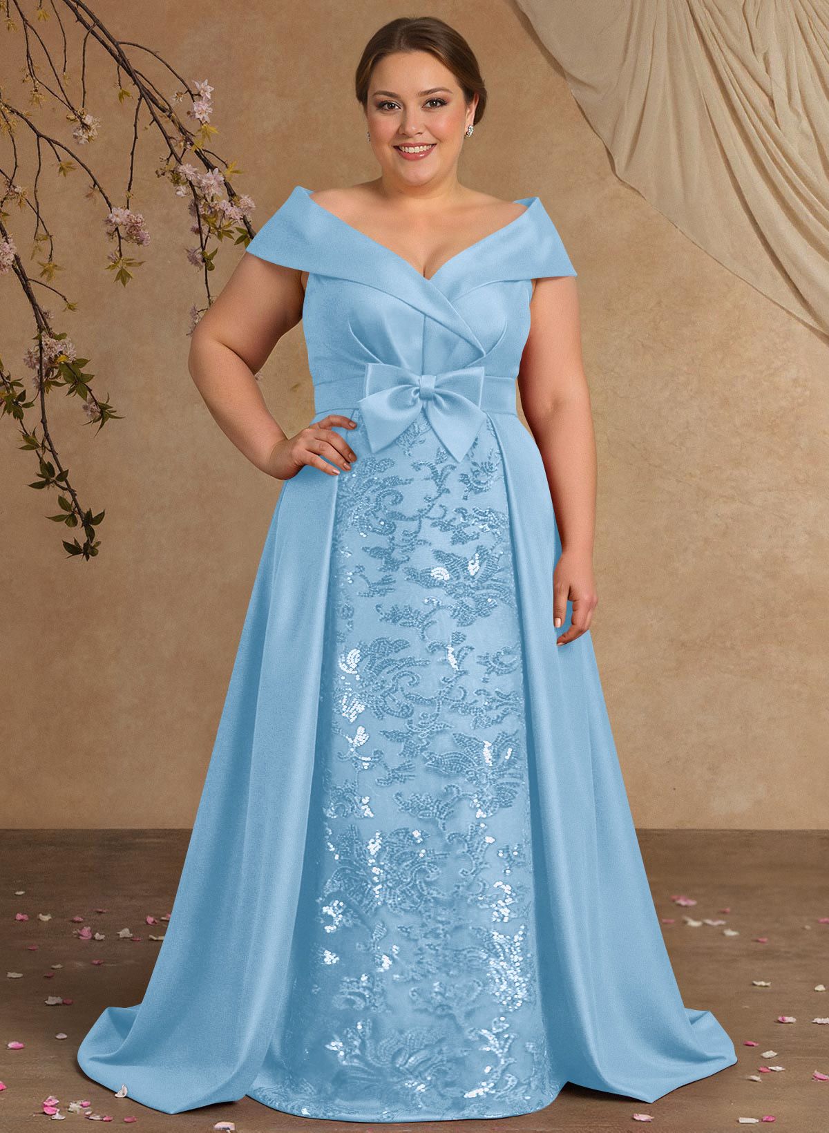 Elegant Off-The-Shoulder Overskirt Sweep Train Satin Mother Of The Bride Dresses With Lace
