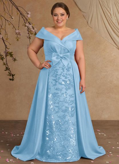 Elegant Off-The-Shoulder Overskirt Sweep Train Satin Mother Of The Bride Dresses With Lace