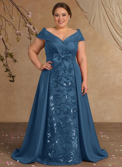 Elegant Off-The-Shoulder Overskirt Sweep Train Satin Mother Of The Bride Dresses With Lace