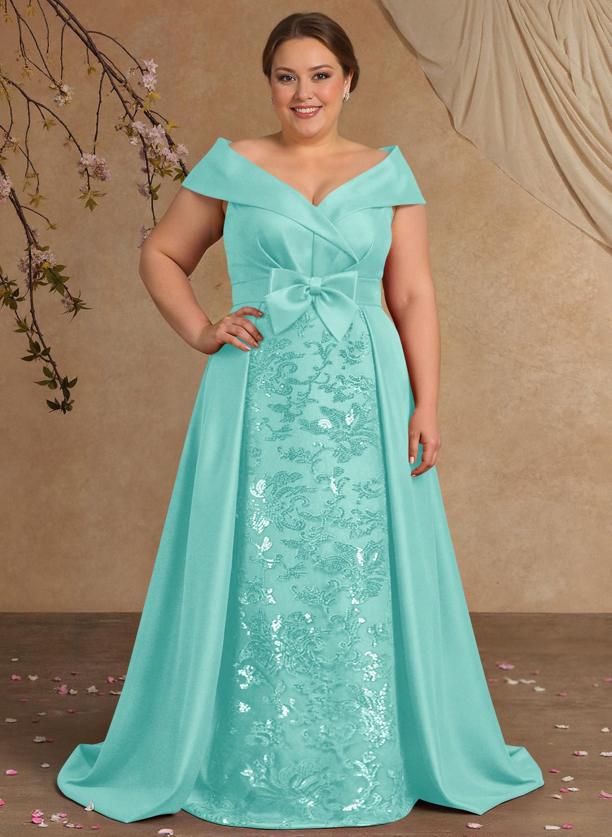 Elegant Off-The-Shoulder Overskirt Sweep Train Satin Mother Of The Bride Dresses With Lace