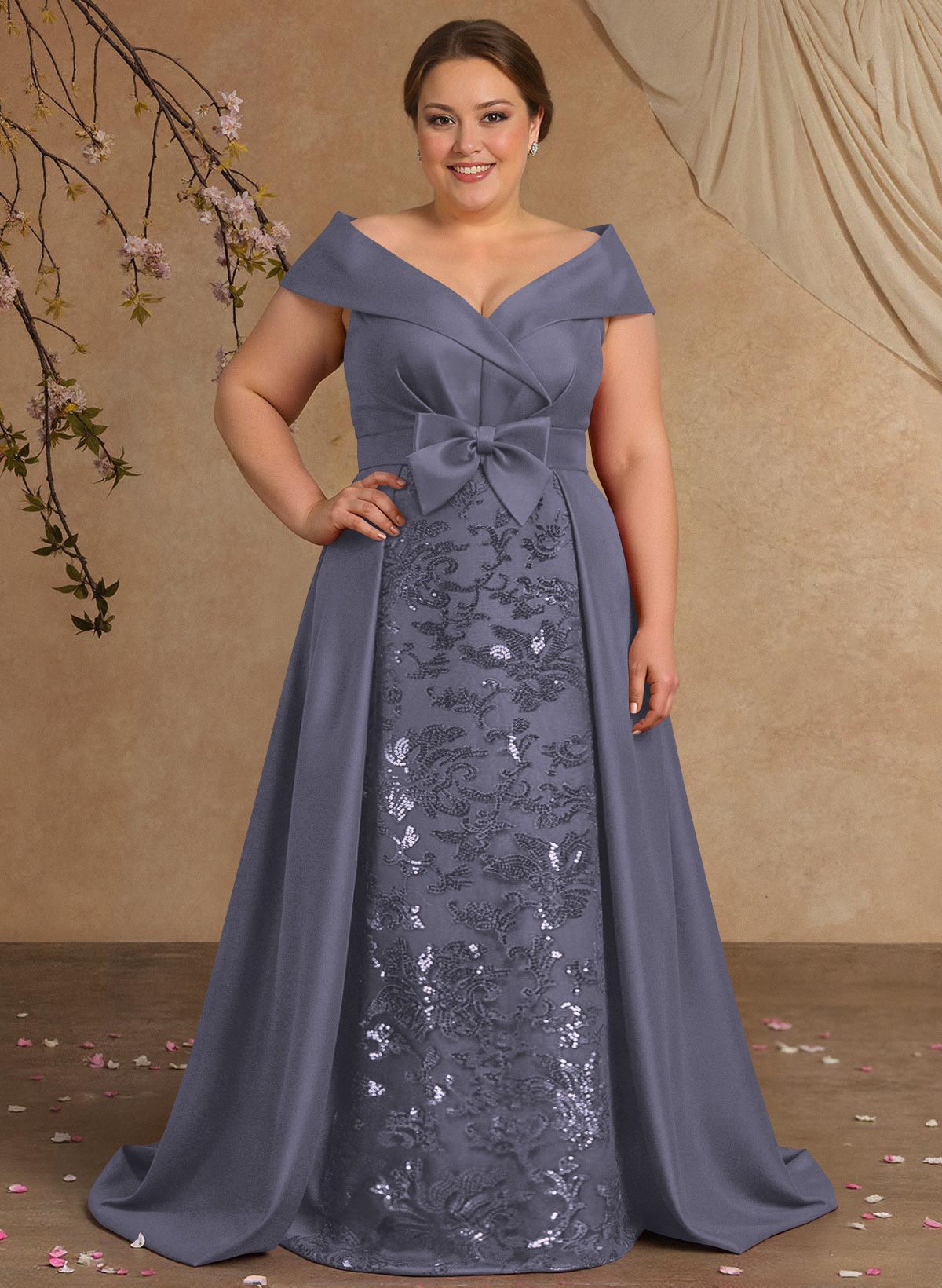 Elegant Off-The-Shoulder Overskirt Sweep Train Satin Mother Of The Bride Dresses With Lace