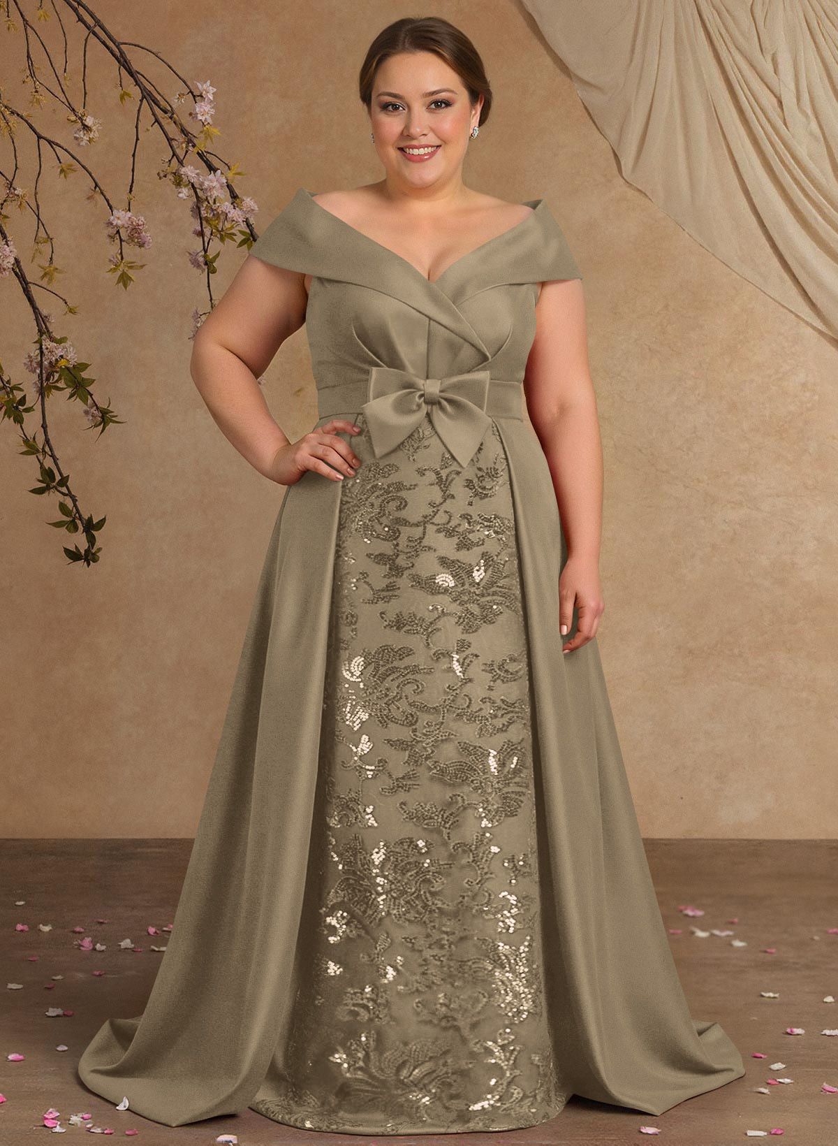 Elegant Off-The-Shoulder Overskirt Sweep Train Satin Mother Of The Bride Dresses With Lace